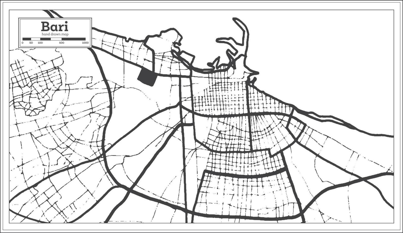 mapa da cidade de bari itália na cor preto e branco em estilo retrô. mapa de contorno. vetor