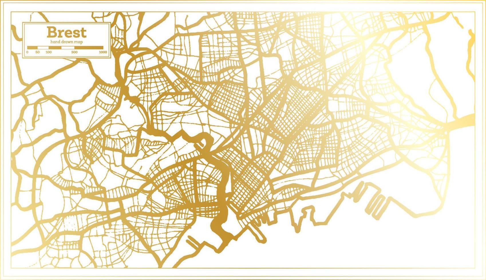 mapa da cidade de brest frança em estilo retrô na cor dourada. mapa de contorno. vetor