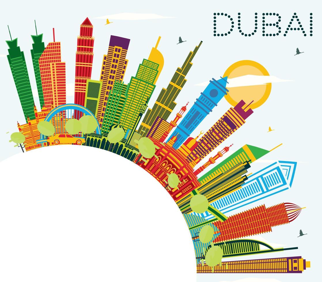 horizonte da cidade de dubai emirados árabes unidos com edifícios coloridos, céu azul e espaço para texto. vetor