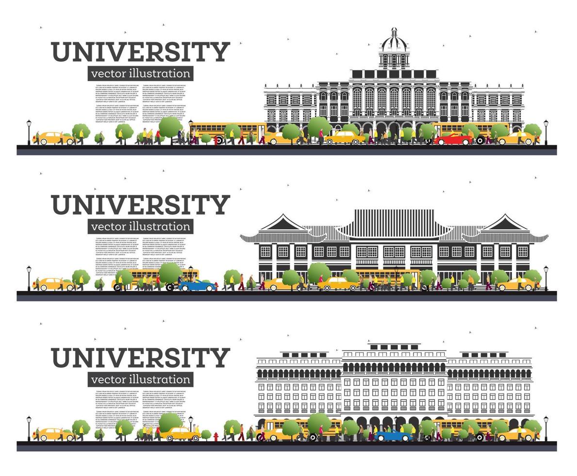 conjunto de campus universitário. bandeiras de estudo isoladas no branco. ilustração vetorial. vetor