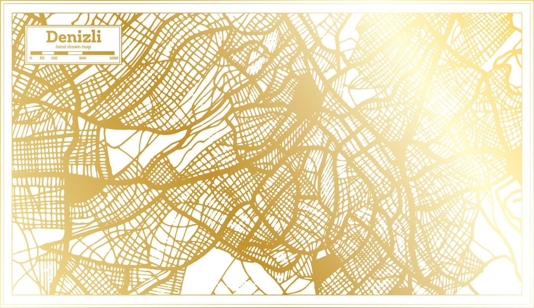 mapa da cidade denizli turquia em estilo retrô na cor dourada. mapa de contorno.. vetor