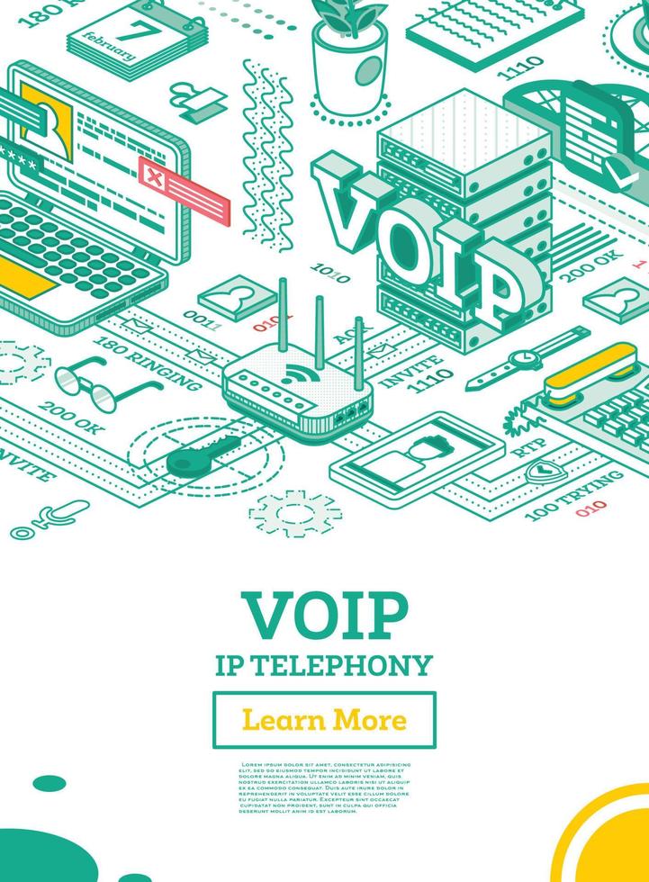serviços de telefonia voip ip. conceito de contorno isométrico. esquema de configuração do sistema. vetor