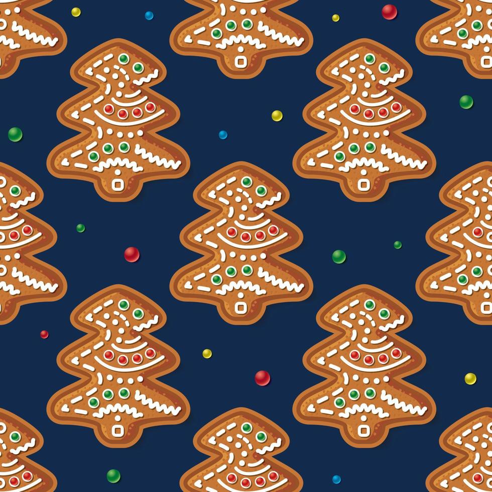 padrão perfeito com árvore de gengibre em azul. biscoito de natal. vetor