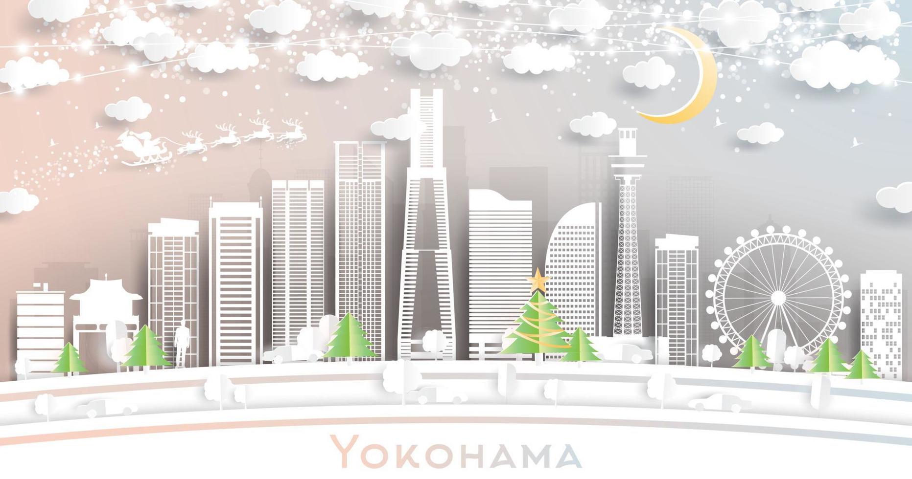 horizonte da cidade de yokohama japão em estilo de corte de papel com flocos de neve, lua e guirlanda de néon. vetor