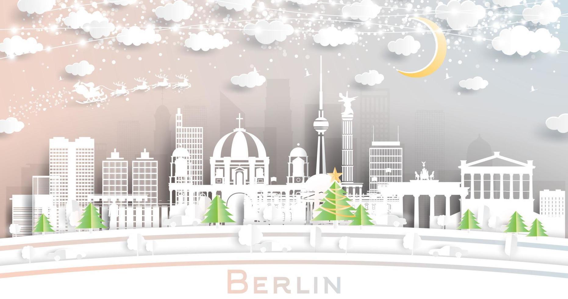 horizonte da cidade de berlim alemanha em estilo de corte de papel com flocos de neve, lua e guirlanda de néon. vetor