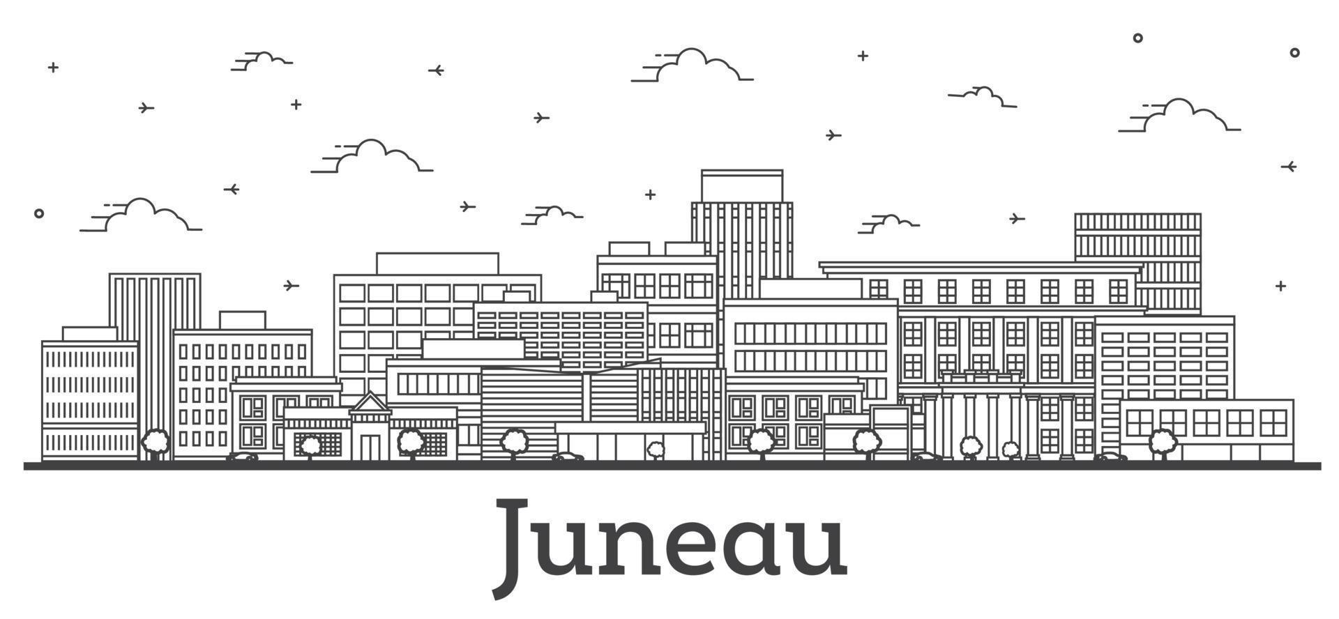 delinear o horizonte da cidade de Juneau Alaska com edifícios modernos isolados no branco. vetor