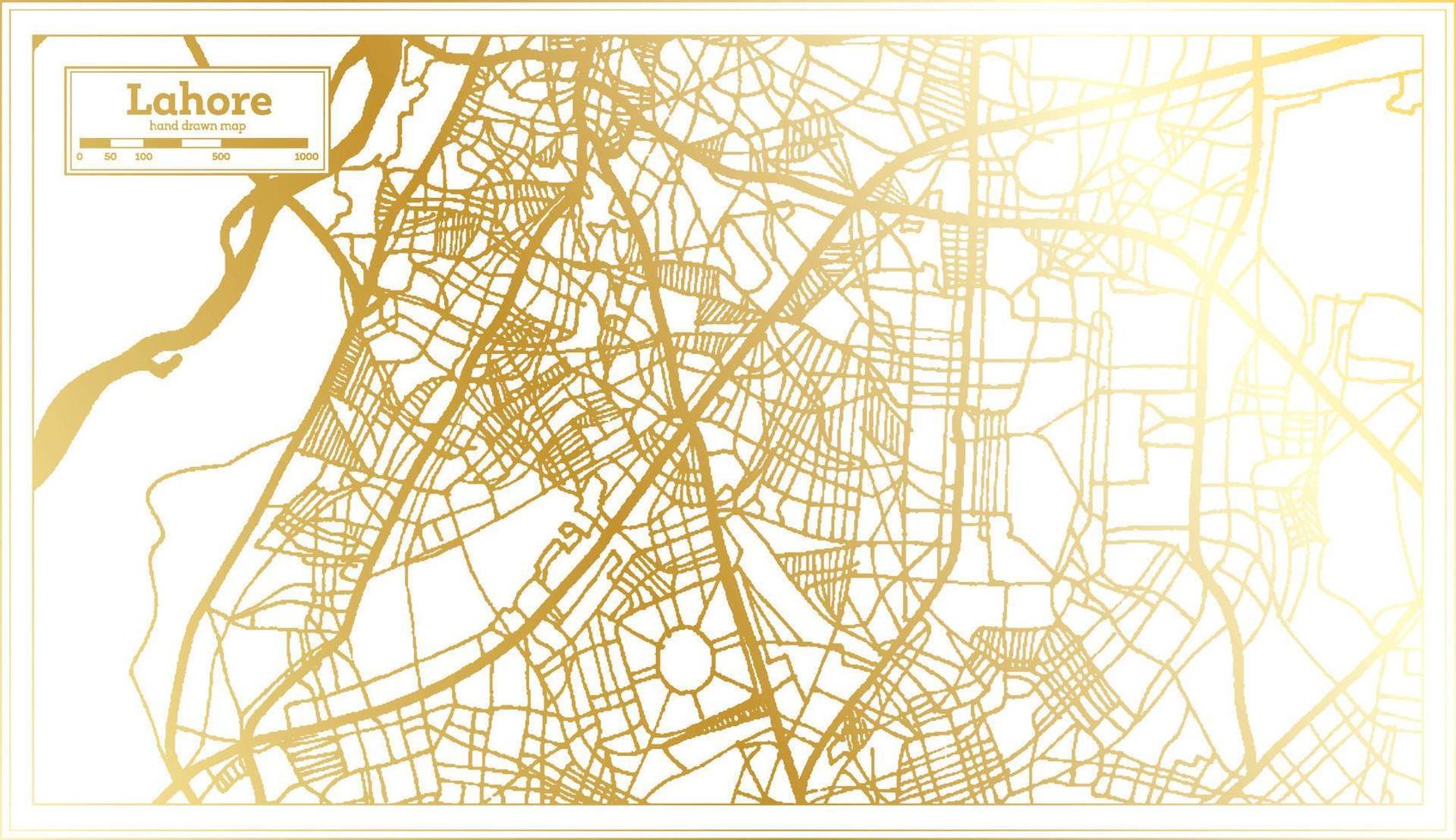 Mapa da cidade de Lahore Paquistão em estilo retrô na cor dourada. mapa de contorno. vetor