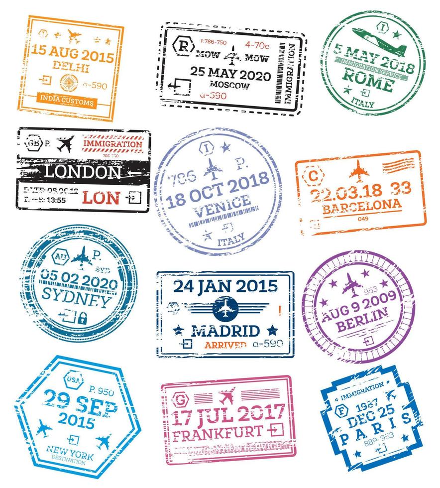 coleção de carimbos de passaporte isolados no branco. ilustração vetorial. vetor