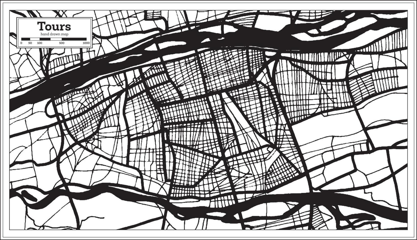 tours mapa da cidade de frança na cor preto e branco em estilo retrô. mapa de contorno. vetor