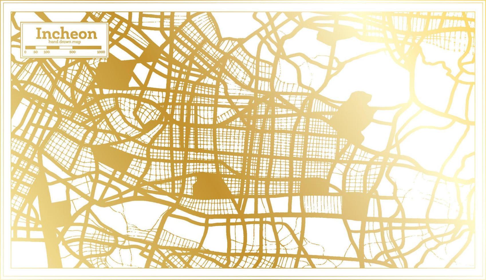 mapa da cidade de incheon coreia do sul em estilo retrô na cor dourada. mapa de contorno. vetor