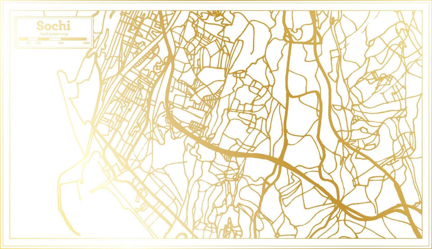 mapa da cidade de sochi rússia em estilo retrô na cor dourada. mapa de contorno. vetor