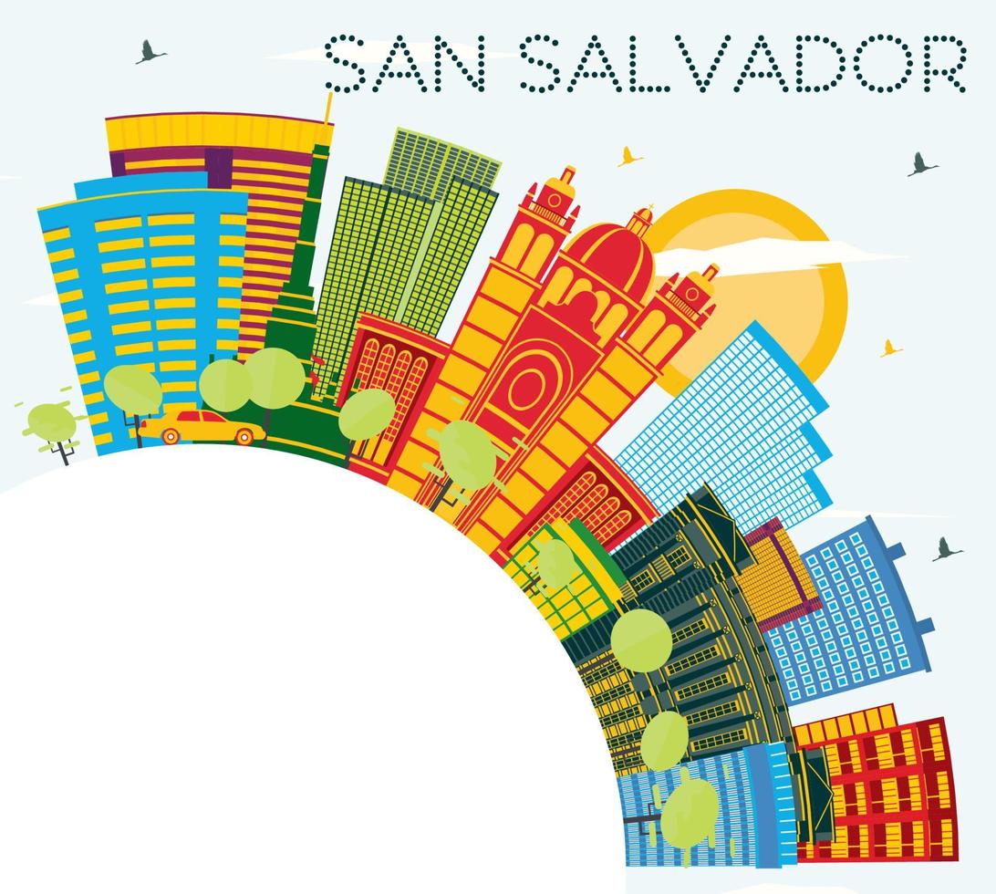 horizonte da cidade de san salvador com edifícios coloridos, céu azul e espaço para texto. vetor