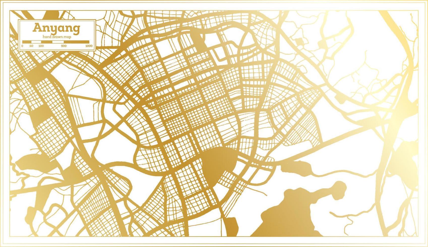 mapa da cidade de anyang coreia do sul em estilo retrô na cor dourada. mapa de contorno. vetor