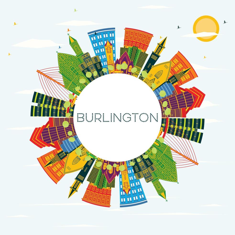 horizonte de burlington iowa com edifícios coloridos, céu azul e espaço para texto. vetor