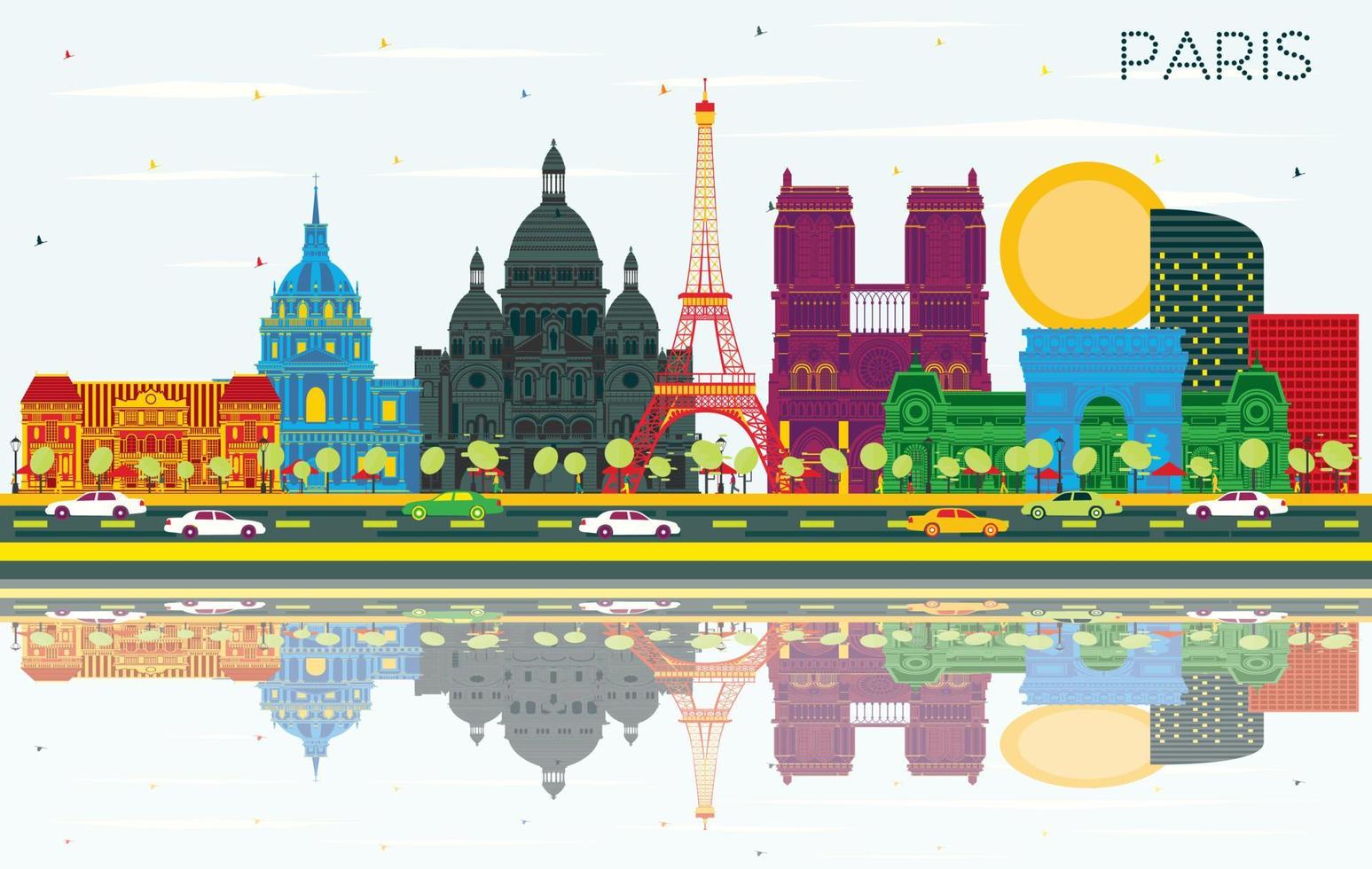 horizonte da cidade de paris frança com edifícios coloridos, céu azul e reflexões. vetor