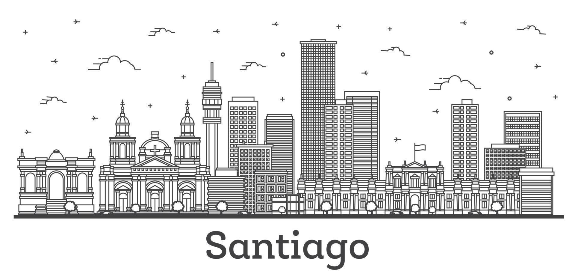 delineie o horizonte da cidade de santiago chile com edifícios modernos e históricos isolados em branco. vetor