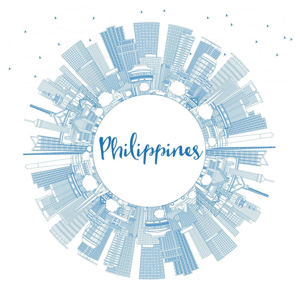 delineie o horizonte da cidade filipinas com edifícios azuis e copie o espaço. vetor