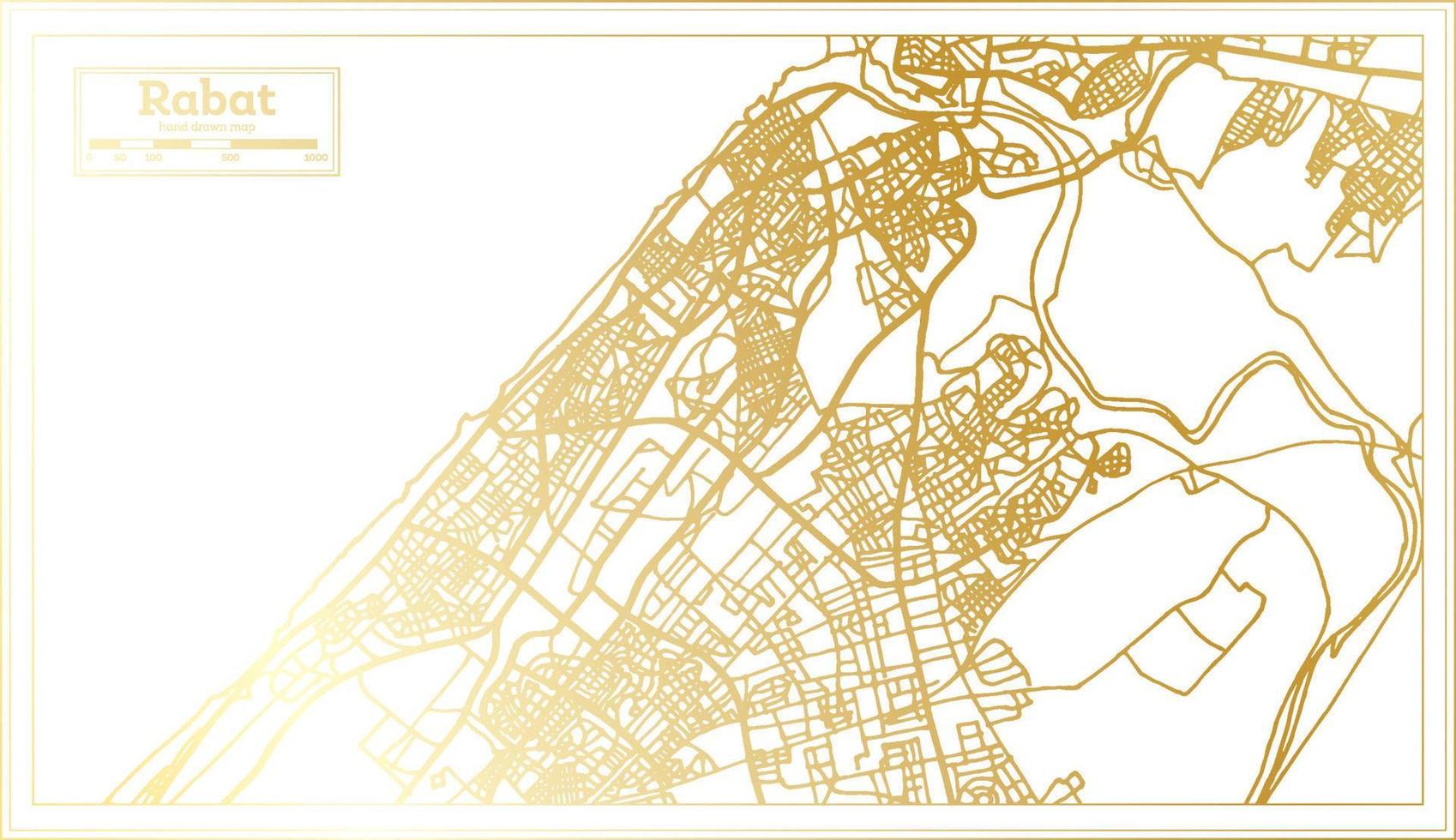 mapa da cidade de rabat marrocos em estilo retrô na cor dourada. mapa de contorno. vetor