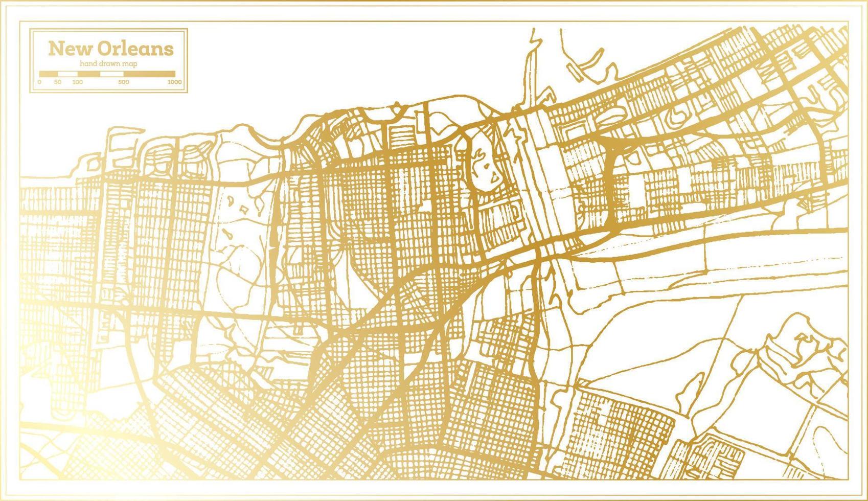 mapa da cidade de nova orleans eua em estilo retrô na cor dourada. mapa de contorno. vetor