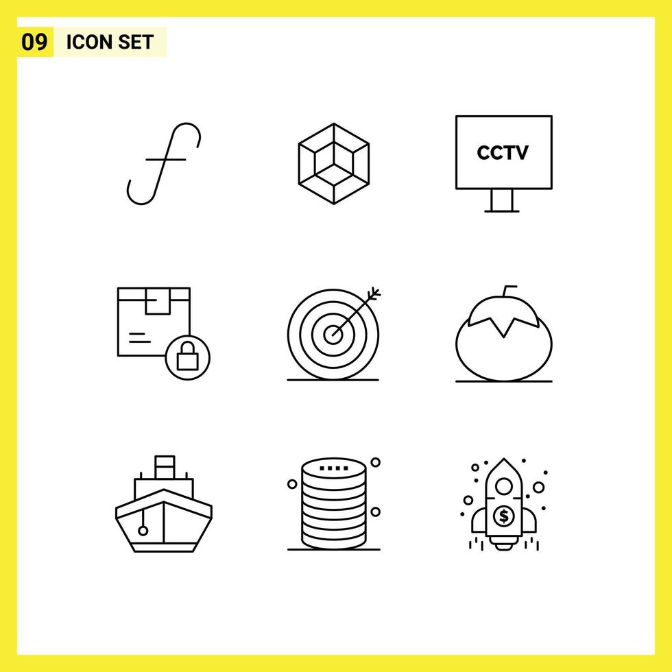 grupo de 9 contornos modernos definidos para elementos de design de vetores editáveis de vídeo de entrega de câmera de bloqueio seguro
