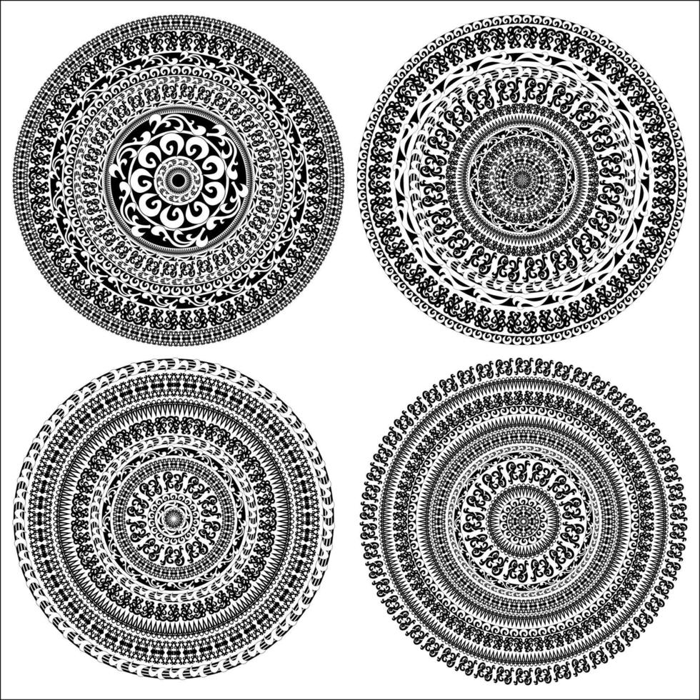 conjunto de placa monocromática de ornamento com mandala. forma de vetor ornamental redonda isolada no branco. ilustração vetorial nas cores preto e branco.