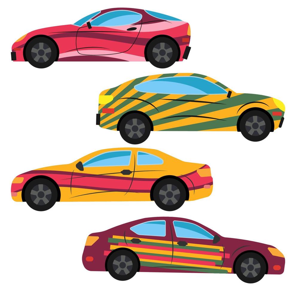 um conjunto de três carros pintados em cores diferentes. ilustração vetorial vetor