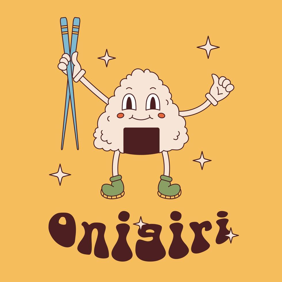 cartão postal moderno de vetor com mascote onigiri em estilo retrô. personagem onigiri segurando os pauzinhos dos anos 70. comida japonesa bacana. texto onigiri.