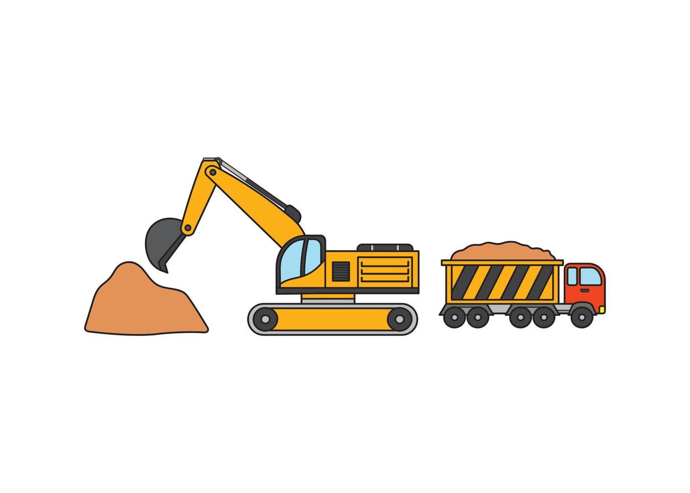 ilustração vetorial cor desenhada à mão crianças veículo de construção escavadeira e caminhão basculante vetor