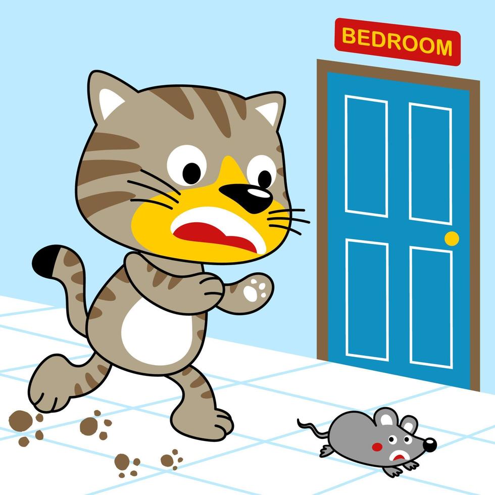 gato engraçado caçando um rato em uma casa, ilustração de desenho vetorial vetor