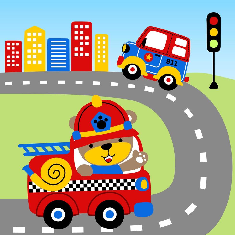 veículo de resgate com urso fofo na estrada da cidade, ilustração de desenho vetorial vetor