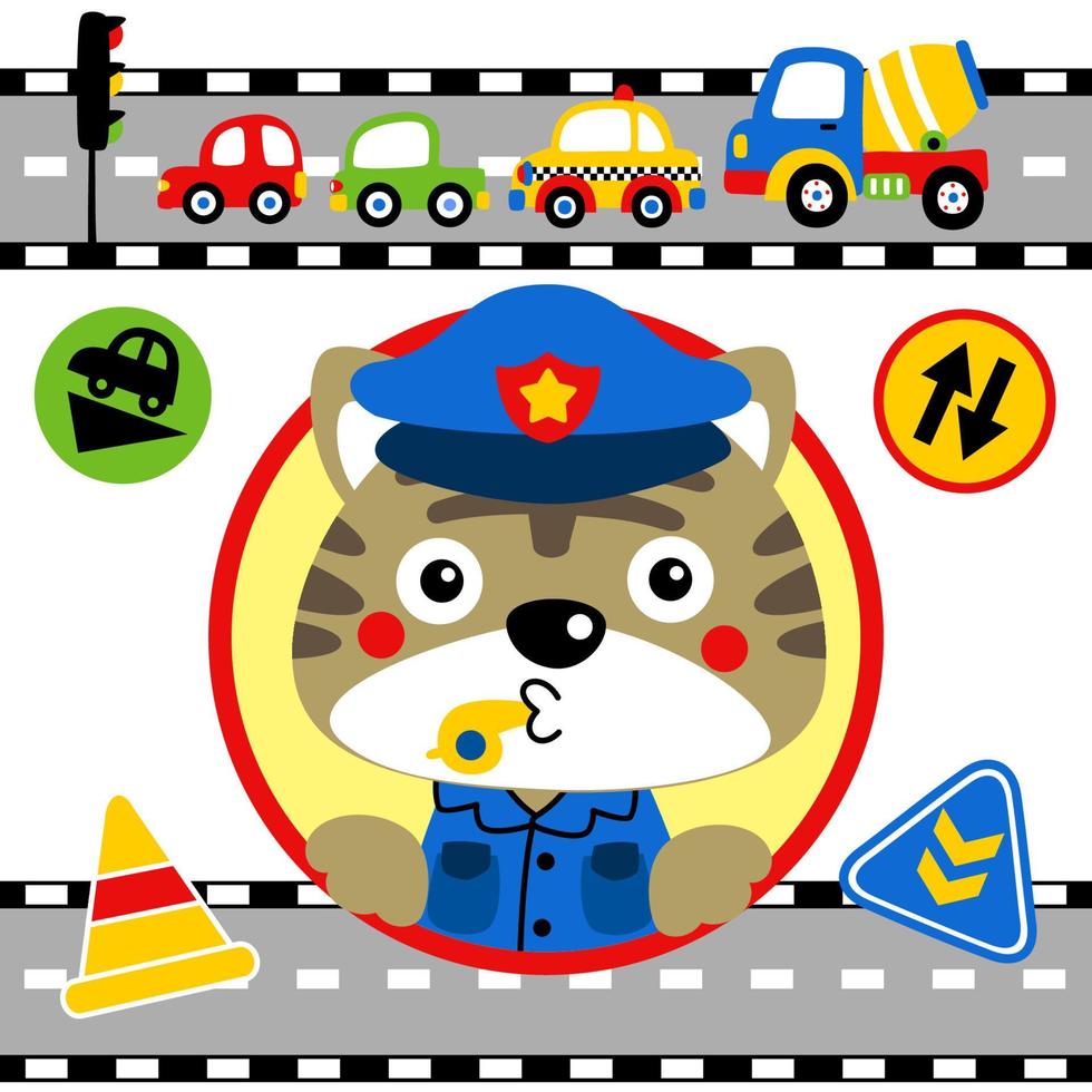 gatinho fofo em uniforme da polícia com elementos de tráfego, ilustração de desenho vetorial vetor
