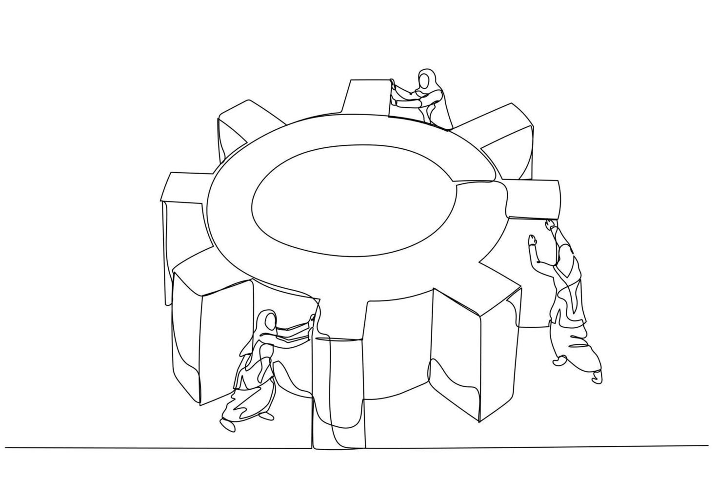 ilustração da empresária muçulmana girando a engrenagem da roda dentada junto com o conceito de equipe de equipe de trabalho duro. estilo de arte de linha contínua única vetor