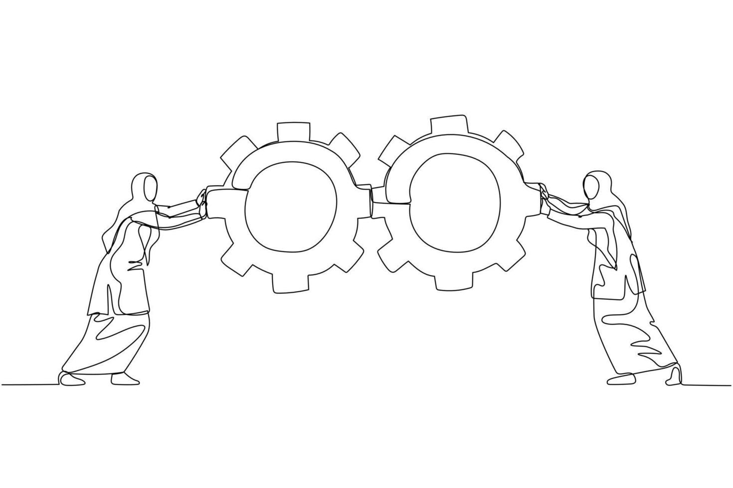 ilustração da empresária muçulmana empurrando o conceito de roda de engrenagens do trabalho em equipe de negócios. estilo de arte de linha contínua vetor