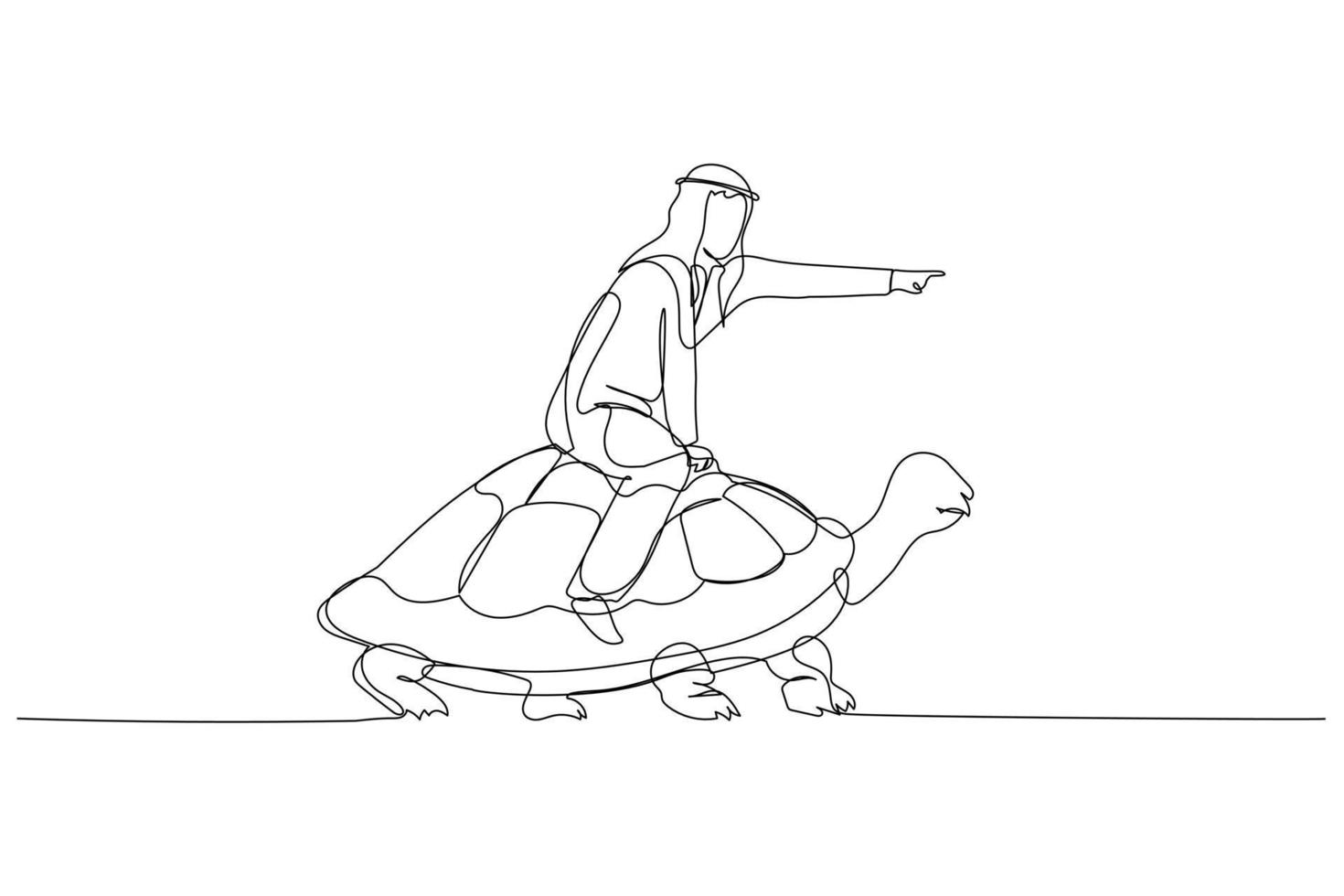 homem árabe montando tartaruga que caminha lentamente conceito de desenvolvimento de negócios vetor