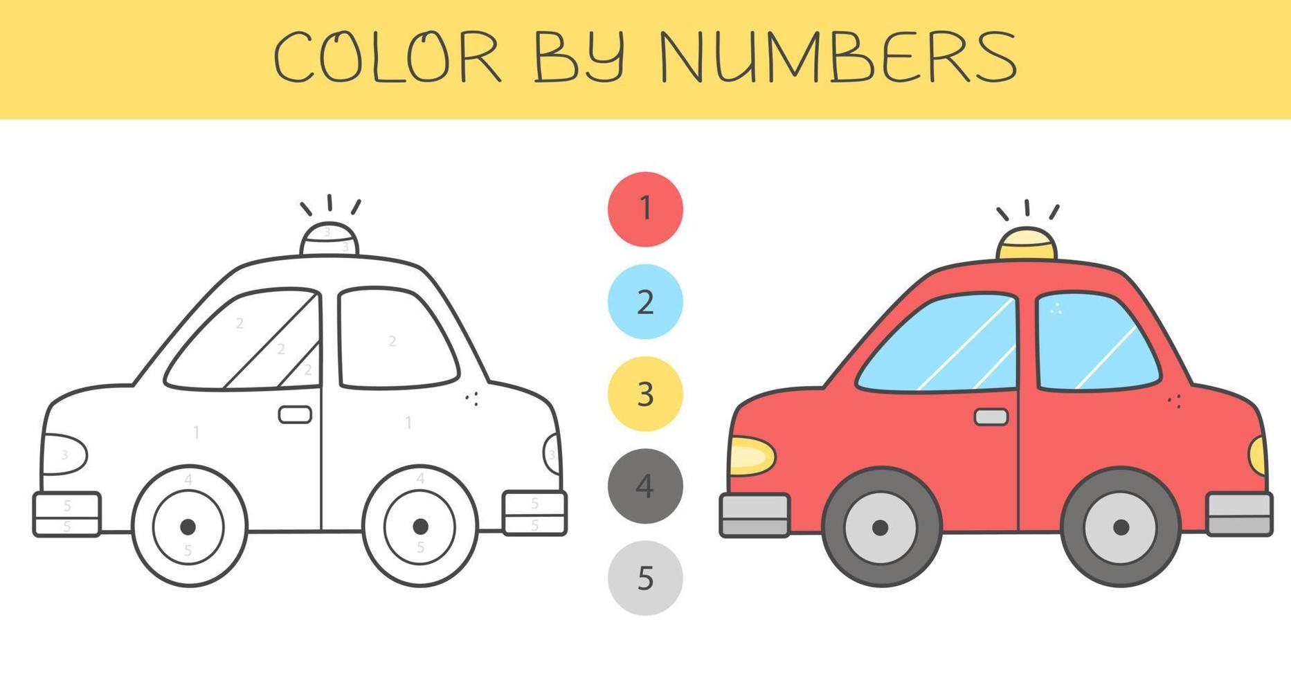 livro de colorir por números para crianças com um carro. página para colorir com carro bonito dos desenhos animados com um exemplo para colorir. versões monocromáticas e coloridas. ilustração vetorial. vetor