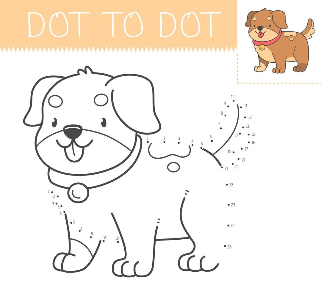 livro de colorir jogo ponto a ponto com cachorro para crianças. página para colorir com um cachorrinho bonito dos desenhos animados. ilustração vetorial. vetor