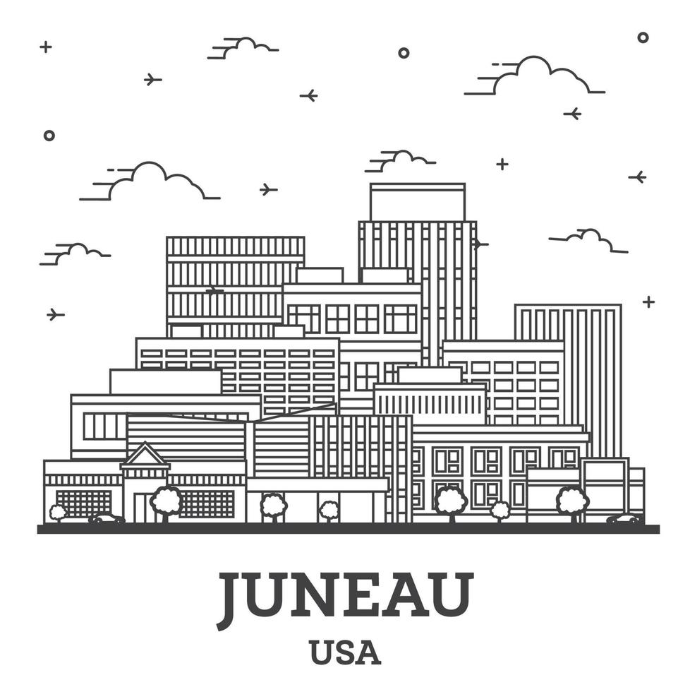 Esboce o horizonte da cidade de Juneau, Alasca, EUA, com edifícios modernos isolados no branco. vetor