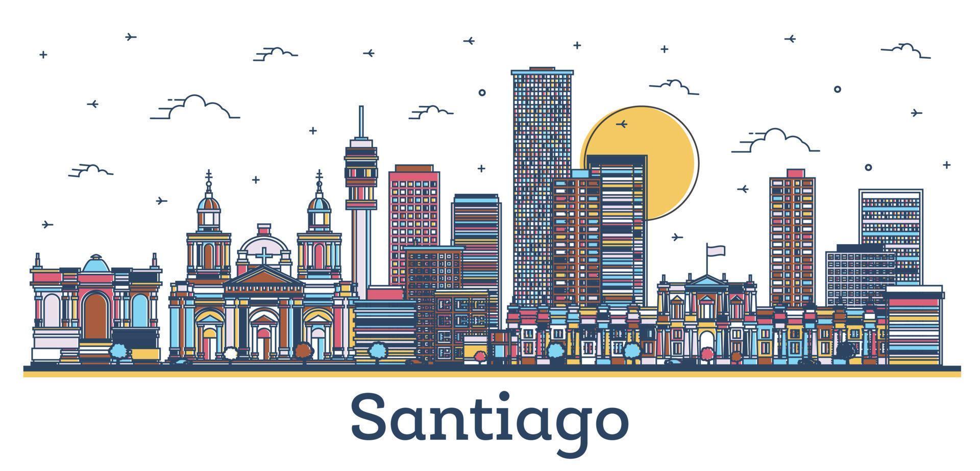 delineie o horizonte da cidade de santiago chile com edifícios modernos e históricos coloridos isolados em branco. vetor