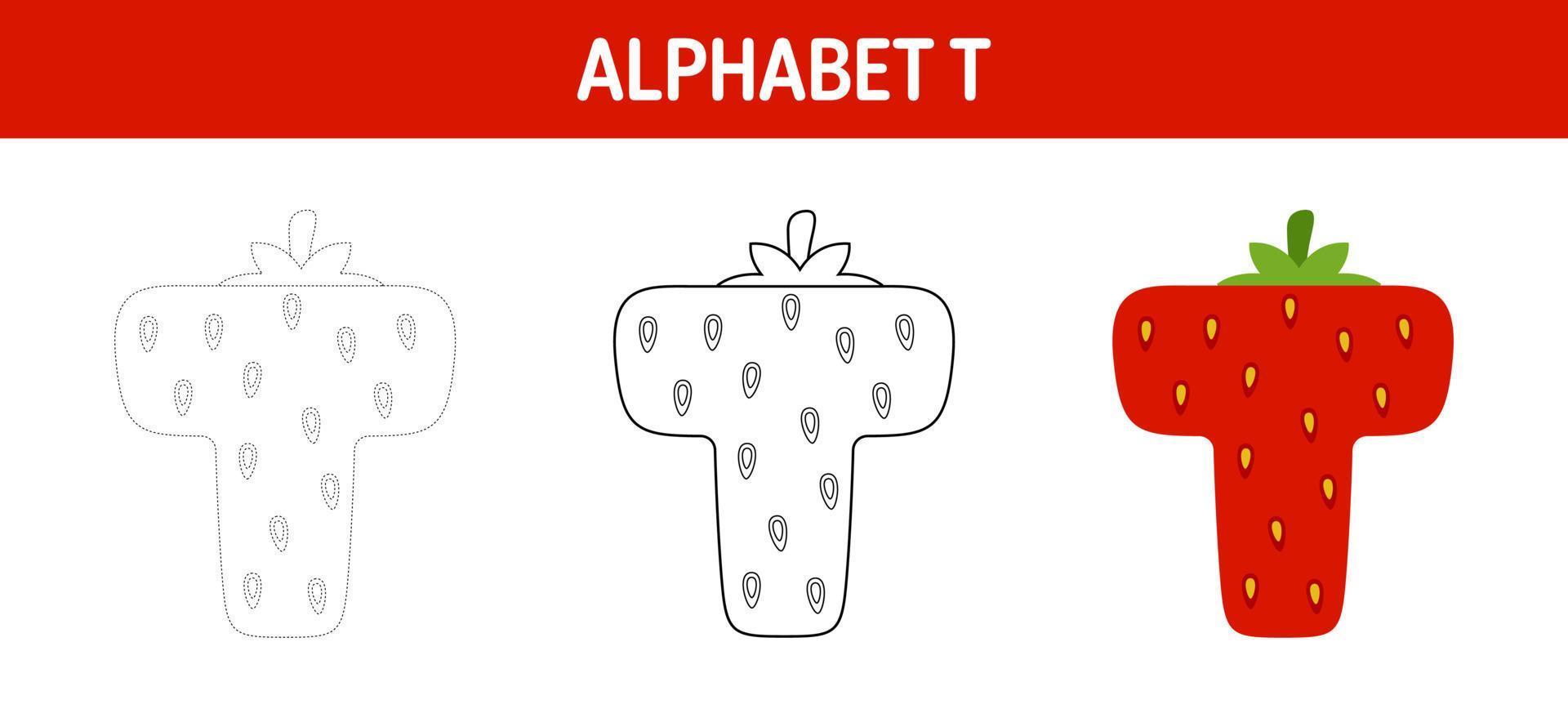 planilha de rastreamento e coloração do alfabeto t para crianças vetor