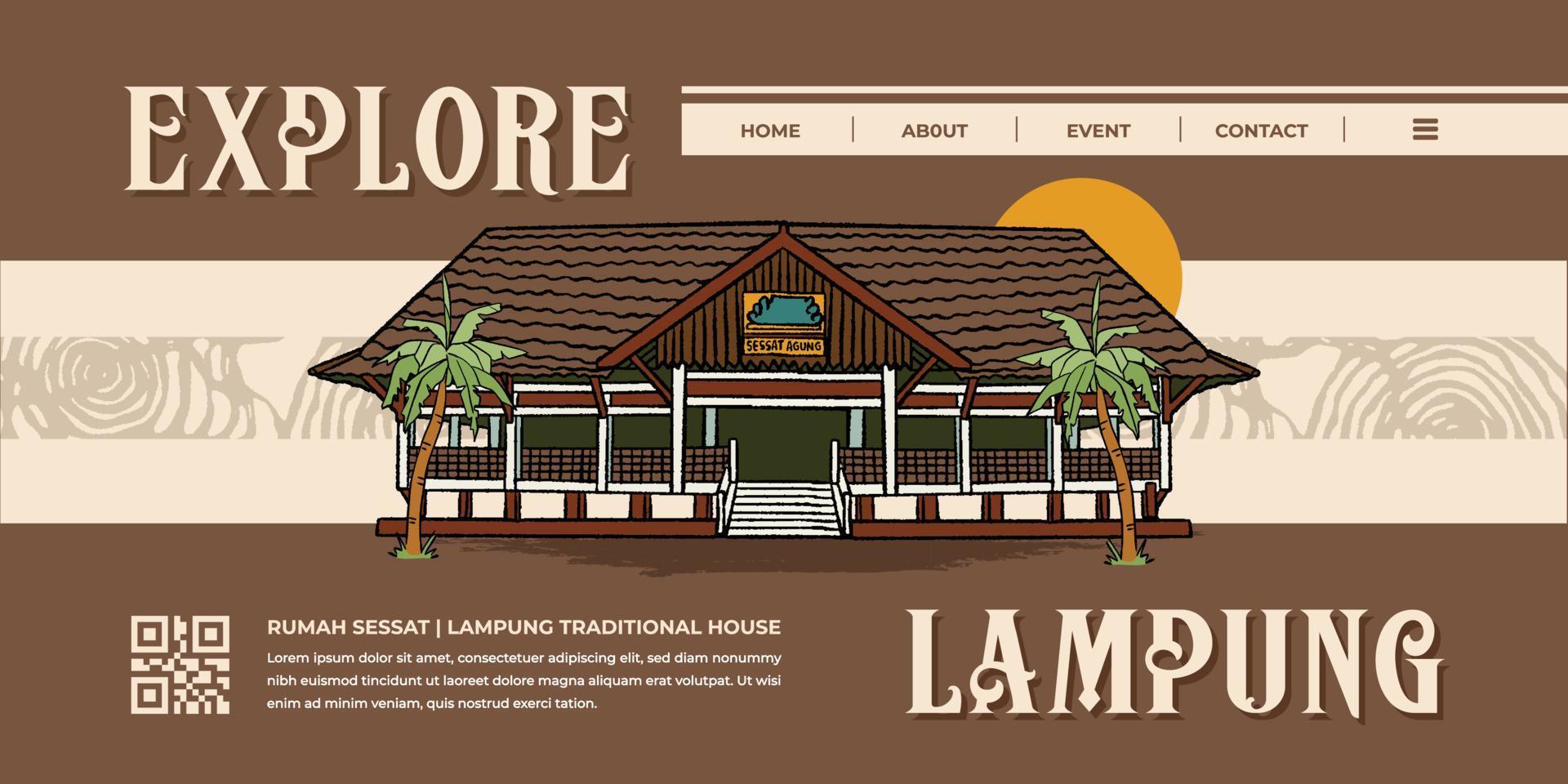 página de destino para site de turismo com ilustração desenhada à mão de casa tradicional nuwo sessat lampung vetor