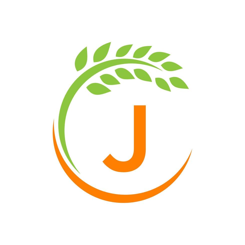 logotipo da agricultura no conceito de letra j. agricultura e pastagem agrícola, leite, logotipo do celeiro vetor