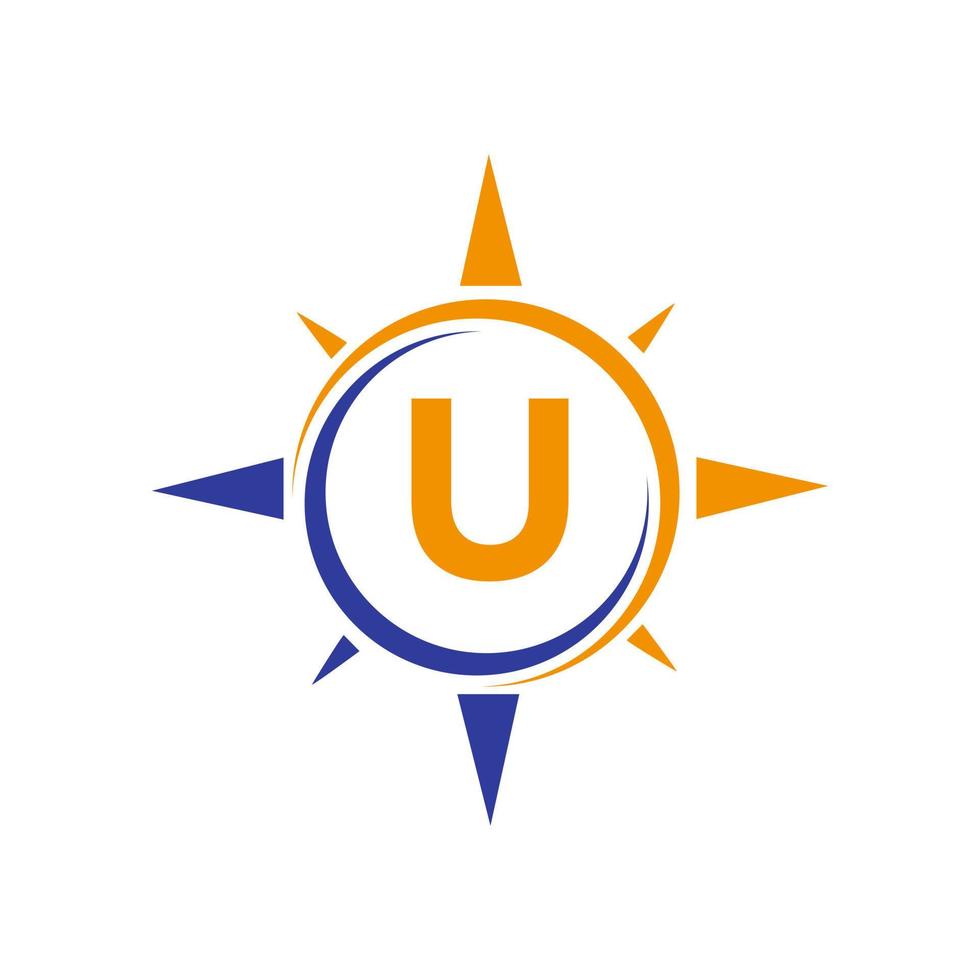 design de logotipo de bússola no conceito de letra u. modelo de vetor de sinal de logotipo de aventura de bússola