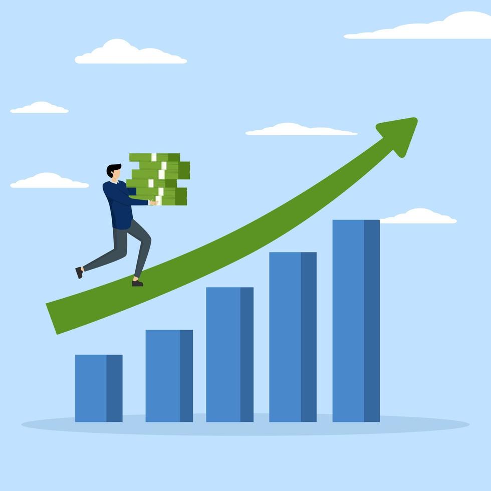 empresário carregando pilha de dinheiro andando no diagrama de gráfico de crescimento, aumentar a renda, renda ou retorno sobre o investimento, gráfico gráfico de crescimento ou economia e retorno sobre o conceito de investimento, aumentar a renda. vetor