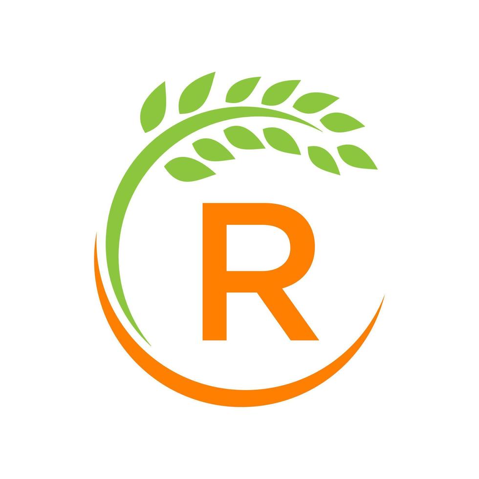 logotipo da agricultura no conceito de letra r. agricultura e pastagem agrícola, leite, logotipo do celeiro vetor