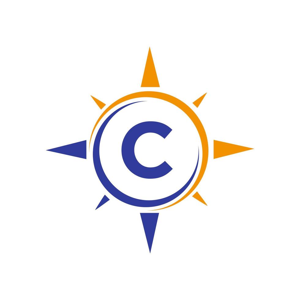 design de logotipo de bússola no conceito de letra c. modelo de vetor de sinal de logotipo de aventura de bússola