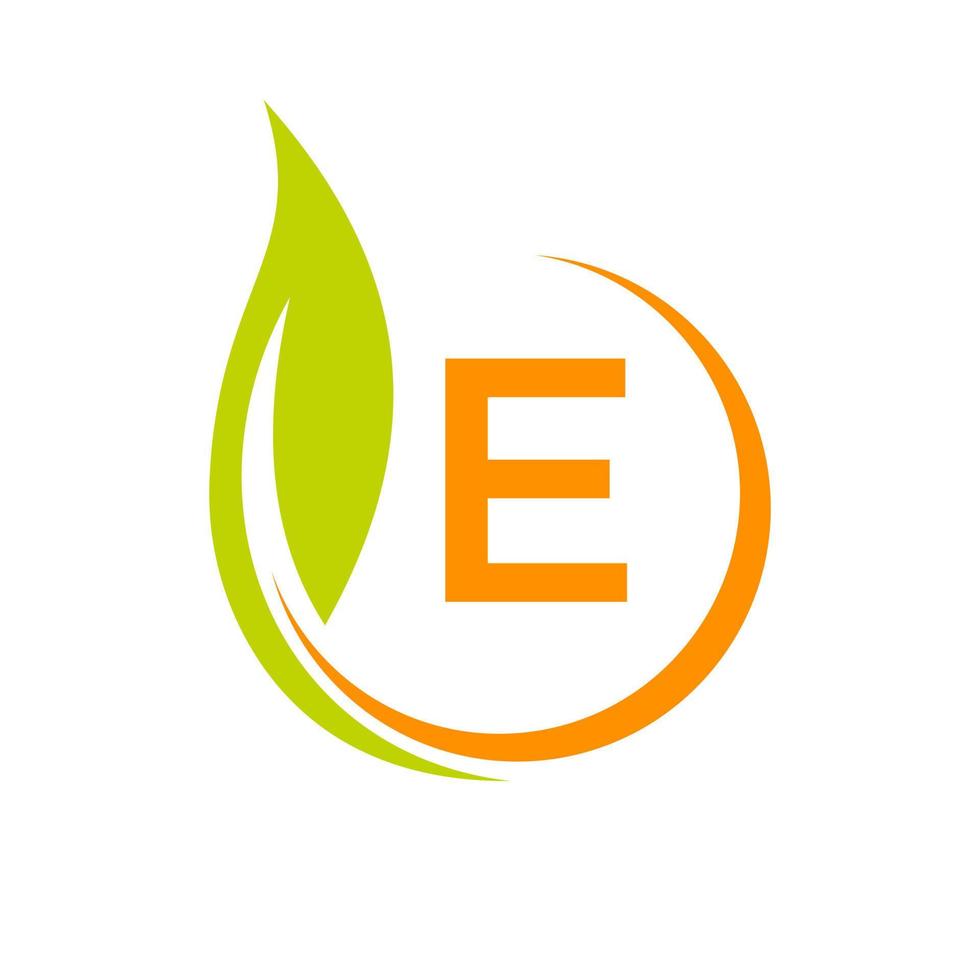 letra e conceito de logotipo eco com ícone de folha verde vetor