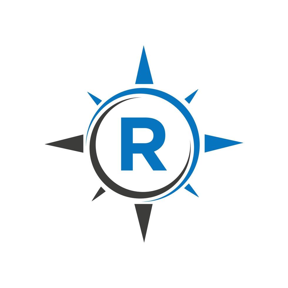design de logotipo de bússola no conceito de letra r. modelo de vetor de sinal de logotipo de aventura de bússola