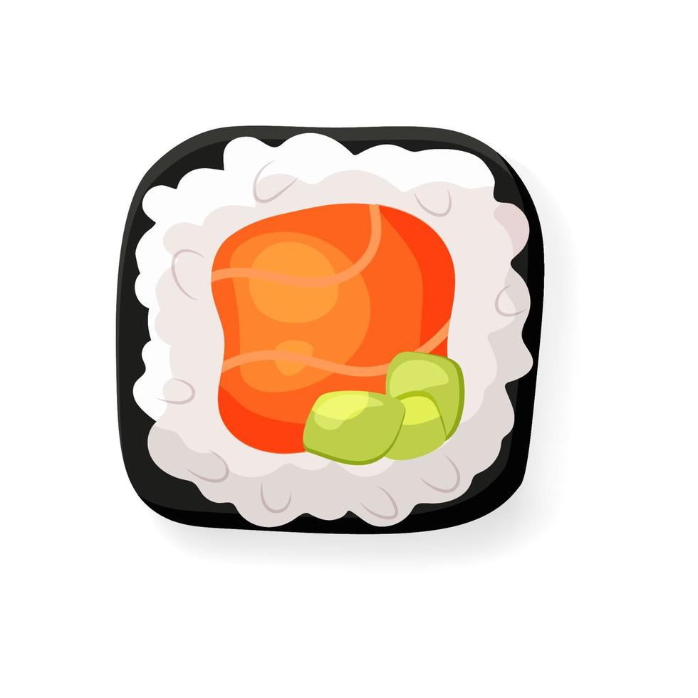 rolo de sushi com nori, salmão e pepino. ícone isolado dos desenhos animados de comida asiática vetor