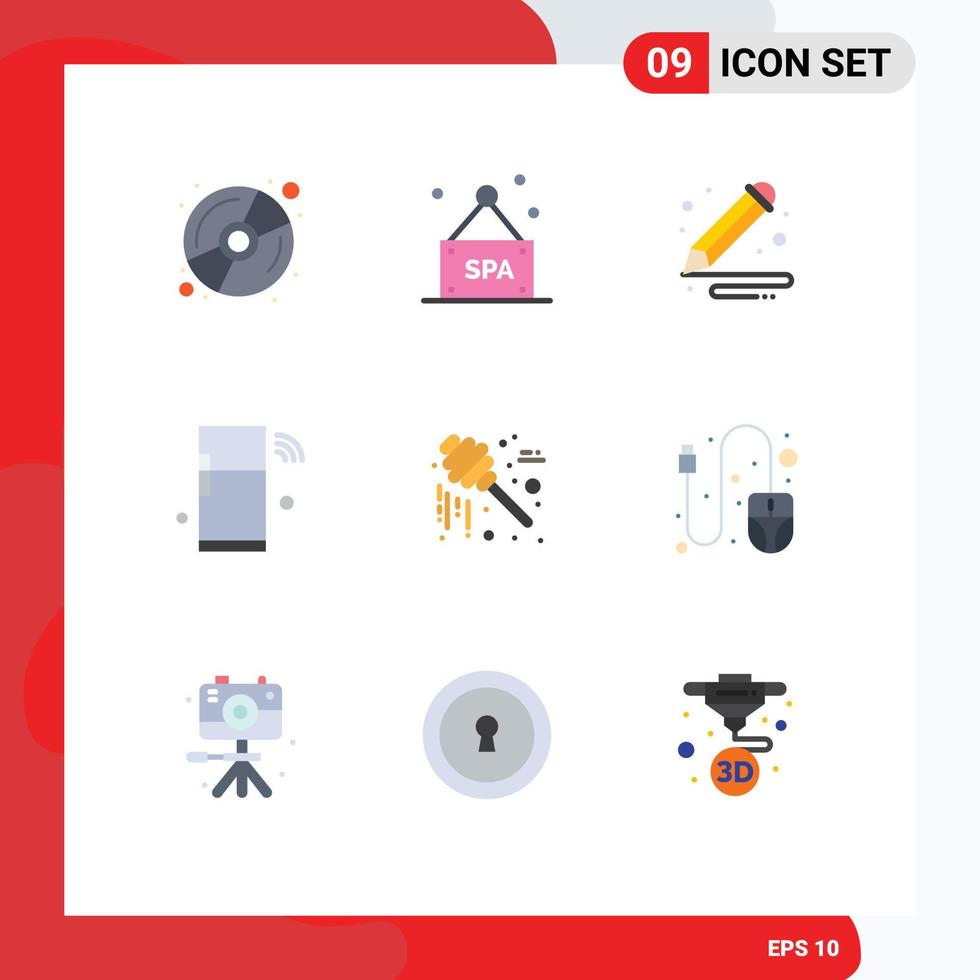 conjunto de 9 sinais de símbolos de ícones de interface do usuário modernos para doces, pintura de mel, wifi, geladeira, elementos de design de vetores editáveis