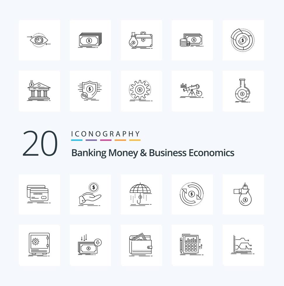 20 dinheiro bancário e pacote de ícones de linha de economia de negócios, como seguro de proteção financeira de circulação de fluxo vetor